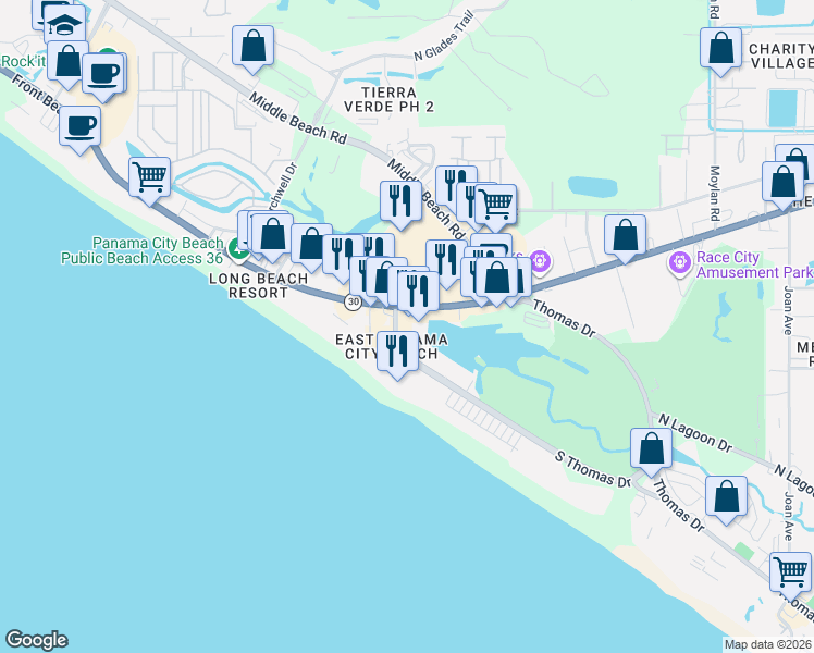 map of restaurants, bars, coffee shops, grocery stores, and more near 9851 South Thomas Drive in Panama City