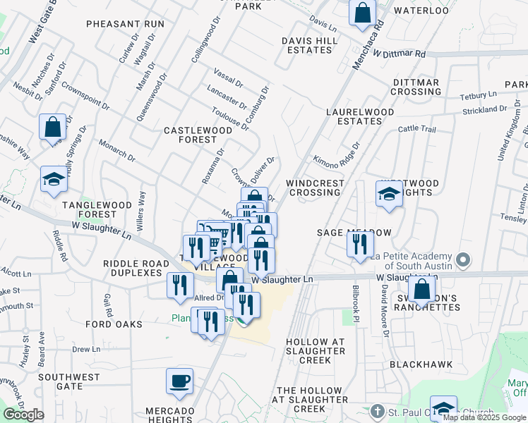 map of restaurants, bars, coffee shops, grocery stores, and more near 9507 Kempler Drive in Austin
