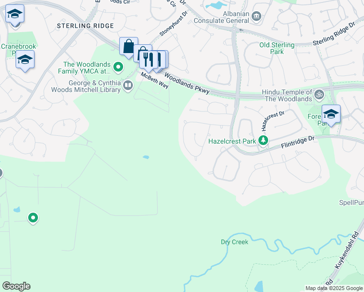 map of restaurants, bars, coffee shops, grocery stores, and more near 102 West Lansdowne Circle in Spring