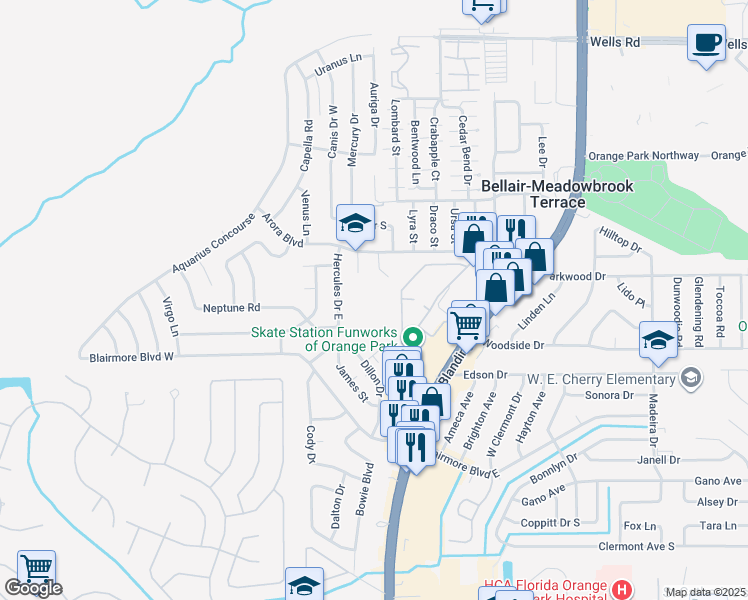 map of restaurants, bars, coffee shops, grocery stores, and more near 215 Corona Drive in Orange Park