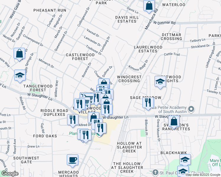 map of restaurants, bars, coffee shops, grocery stores, and more near 9507 Kempler Drive in Austin