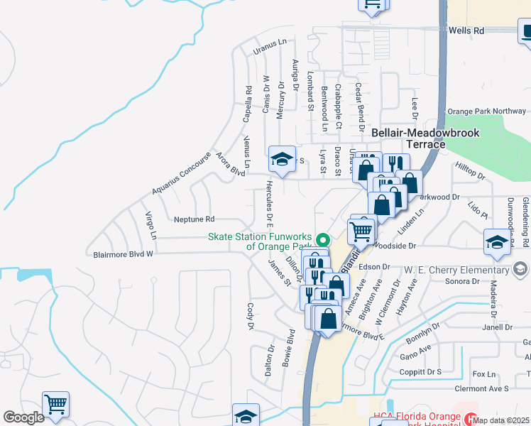 map of restaurants, bars, coffee shops, grocery stores, and more near 129 Hercules Drive East in Orange Park