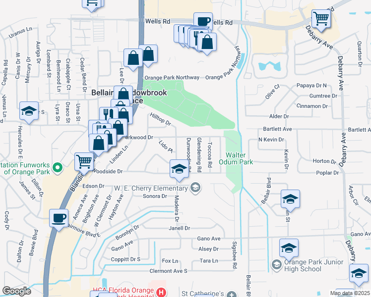 map of restaurants, bars, coffee shops, grocery stores, and more near 325 Dunwoodie Road in Orange Park