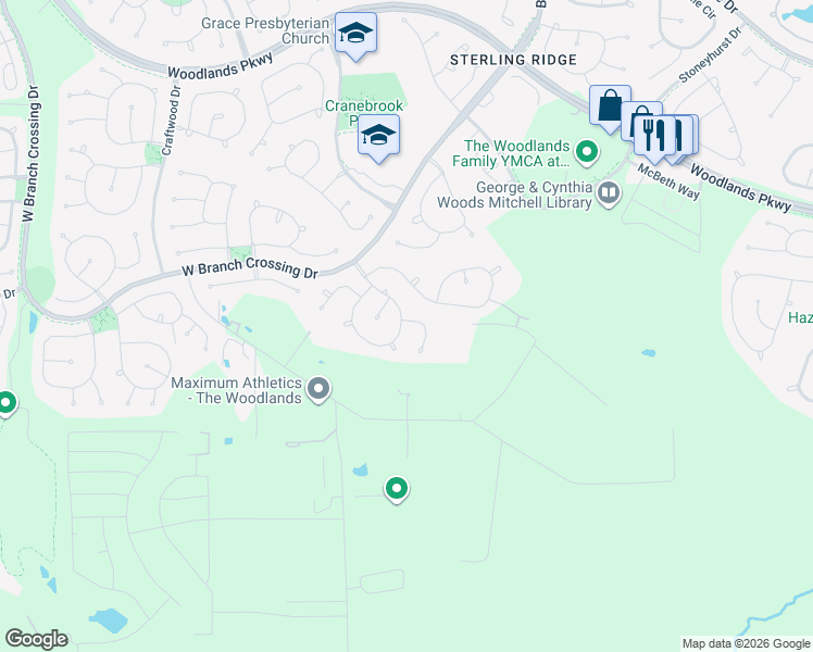 map of restaurants, bars, coffee shops, grocery stores, and more near 55 Delphinium Place in Spring