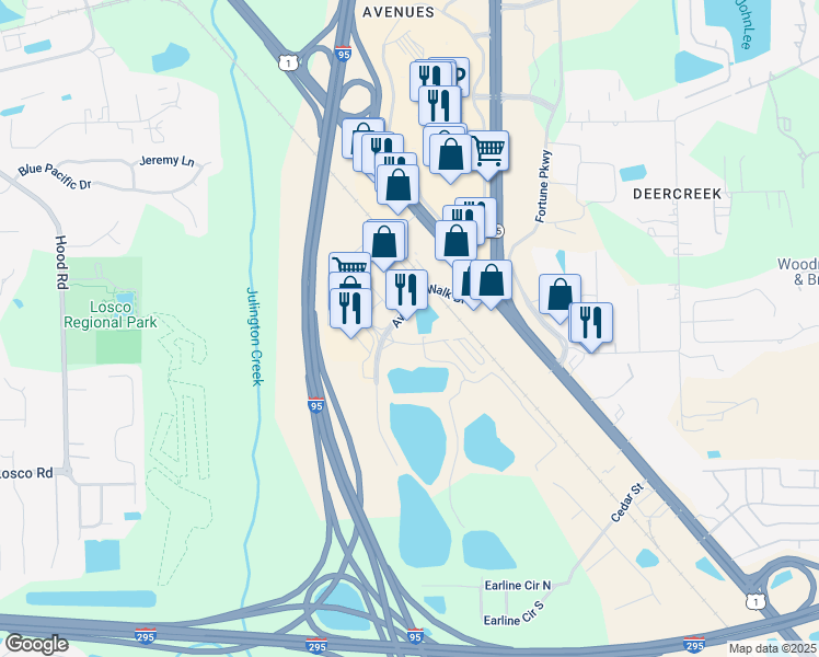 map of restaurants, bars, coffee shops, grocery stores, and more near 10460 Avenues Walk Boulevard in Jacksonville