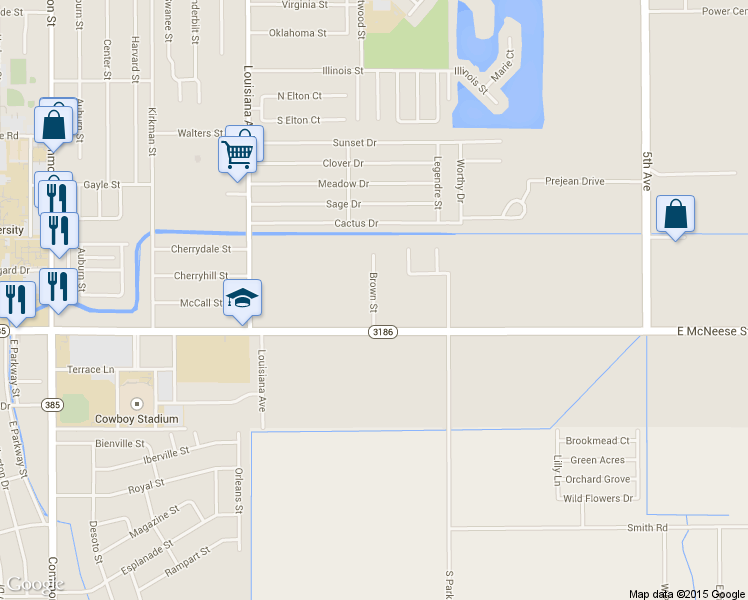 map of restaurants, bars, coffee shops, grocery stores, and more near 1501 East McNeese Street in Lake Charles