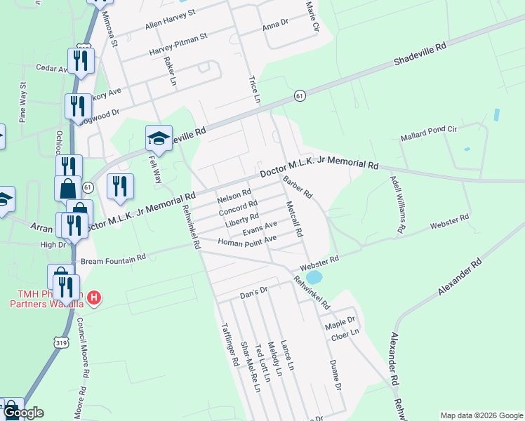 map of restaurants, bars, coffee shops, grocery stores, and more near 95 Liberty Road in Crawfordville