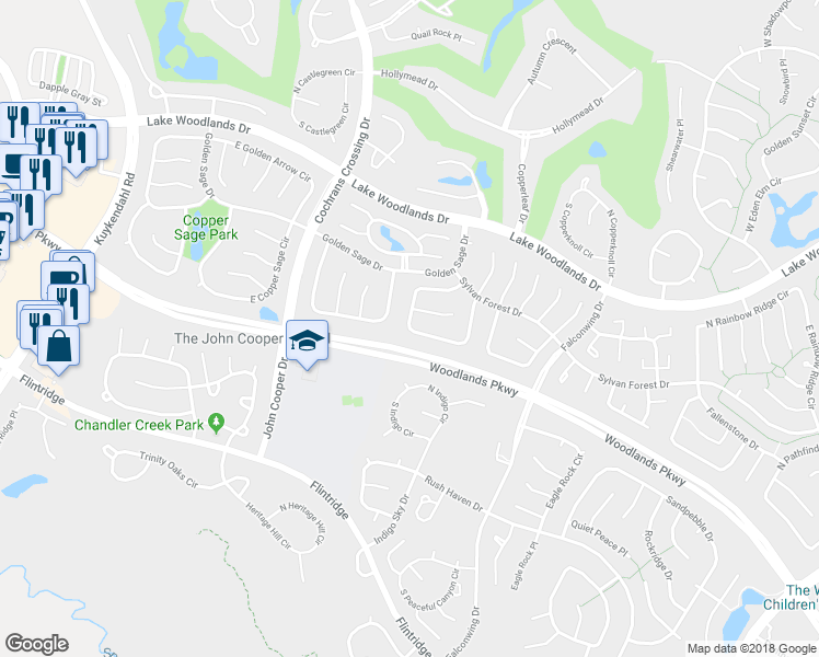 map of restaurants, bars, coffee shops, grocery stores, and more near 119 West Village Knoll Circle in The Woodlands