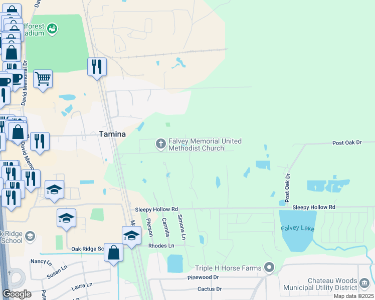 map of restaurants, bars, coffee shops, grocery stores, and more near 9809 Simmons Drive in Conroe