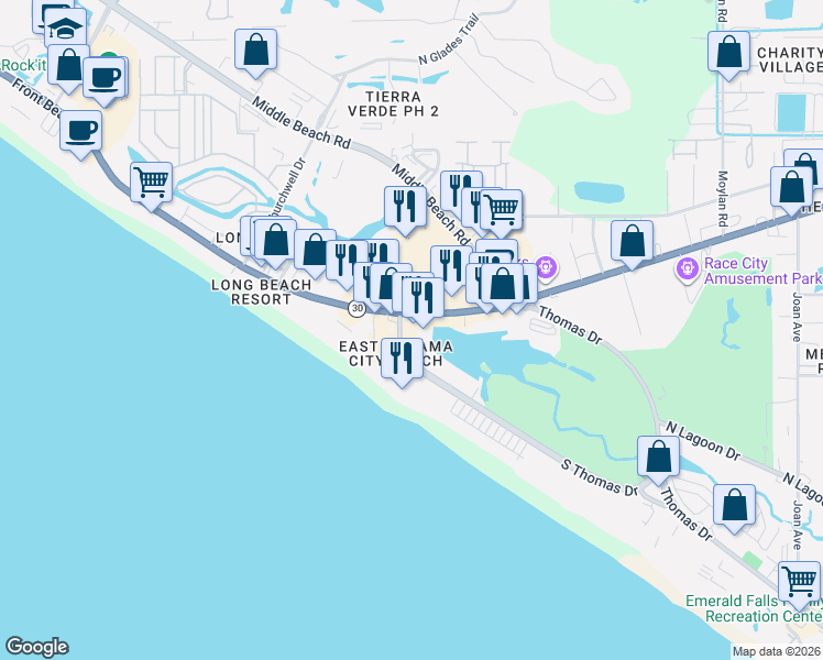 map of restaurants, bars, coffee shops, grocery stores, and more near 9851 South Thomas Drive in Panama City