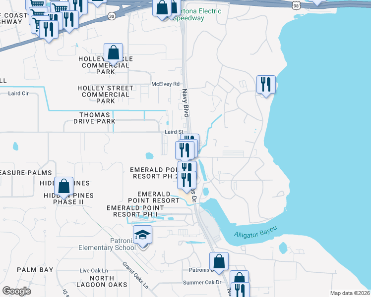 map of restaurants, bars, coffee shops, grocery stores, and more near 906 Thomas Drive in Panama City