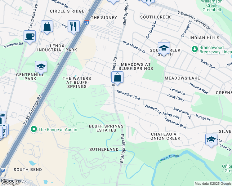map of restaurants, bars, coffee shops, grocery stores, and more near 7500 Bluff Springs Road in Austin