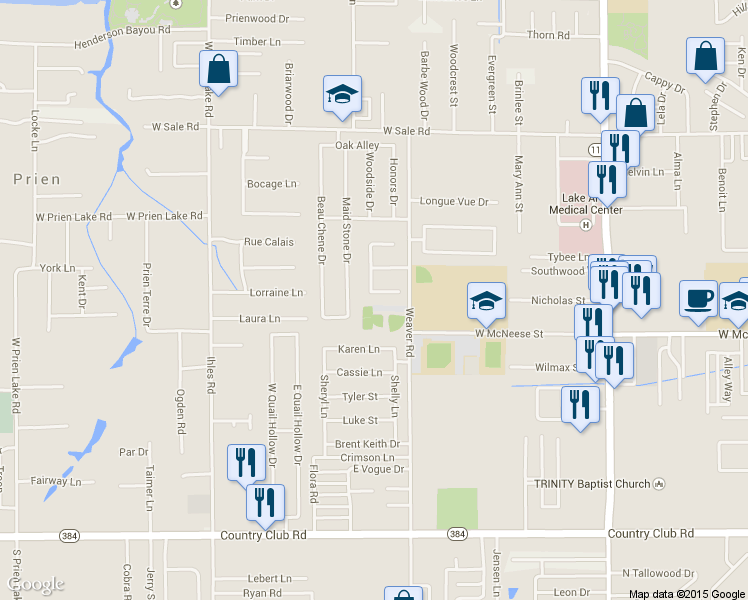 map of restaurants, bars, coffee shops, grocery stores, and more near 2415 Fox Hollow in Lake Charles