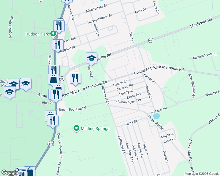 map of restaurants, bars, coffee shops, grocery stores, and more near 17 Rehwinkel Road in Crawfordville