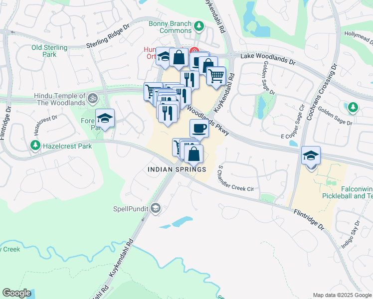map of restaurants, bars, coffee shops, grocery stores, and more near 10777 Kuykendahl Road in Spring