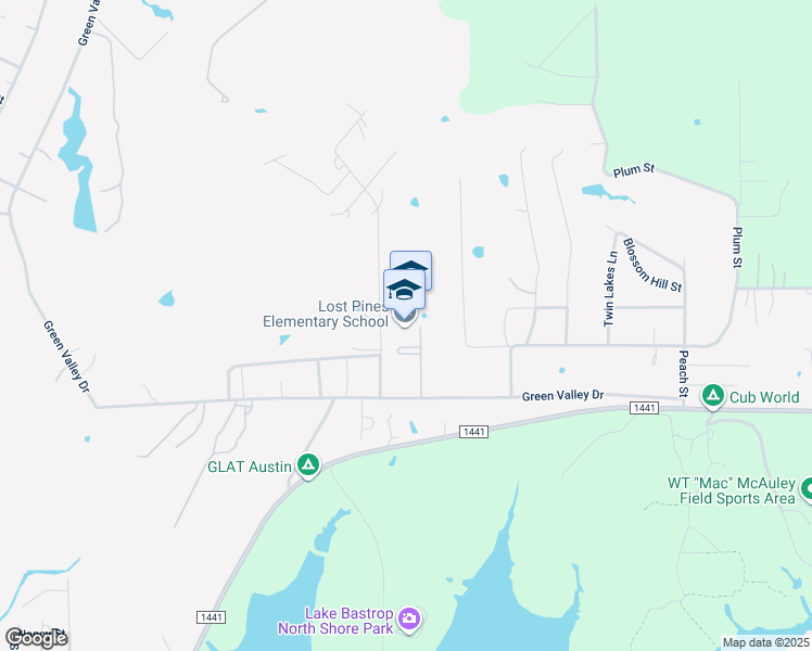 map of restaurants, bars, coffee shops, grocery stores, and more near 151 Tiger Woods Drive in Bastrop