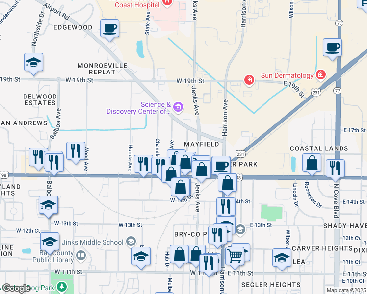 map of restaurants, bars, coffee shops, grocery stores, and more near 1527 Oak Avenue in Panama City