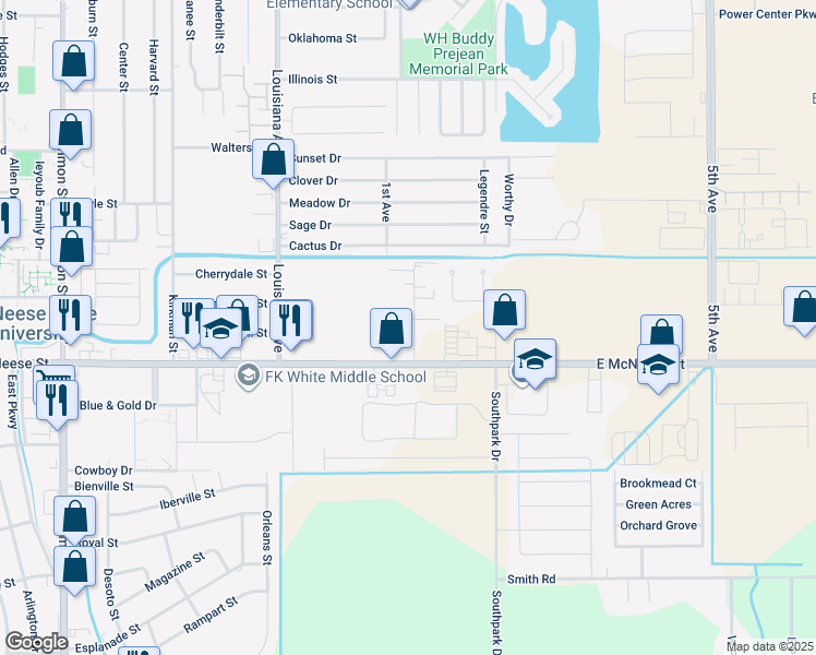 map of restaurants, bars, coffee shops, grocery stores, and more near 4400 Brown Street in Lake Charles
