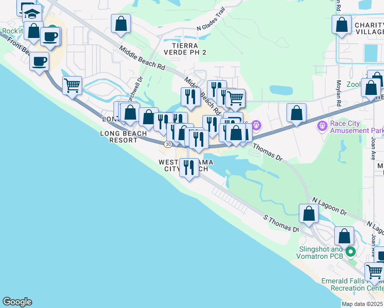 map of restaurants, bars, coffee shops, grocery stores, and more near 9851 South Thomas Drive in Panama City