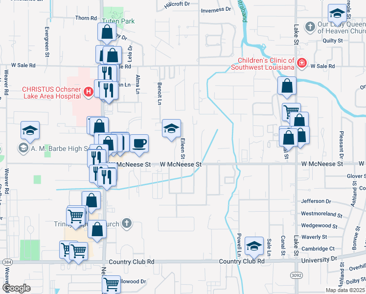 map of restaurants, bars, coffee shops, grocery stores, and more near 4334 Eileen Street in Lake Charles