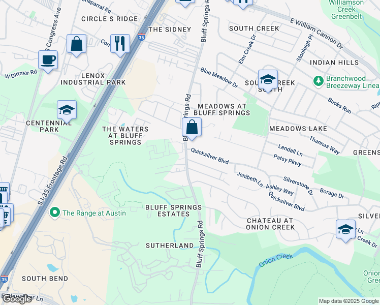map of restaurants, bars, coffee shops, grocery stores, and more near 7500 Bluff Springs Road in Austin
