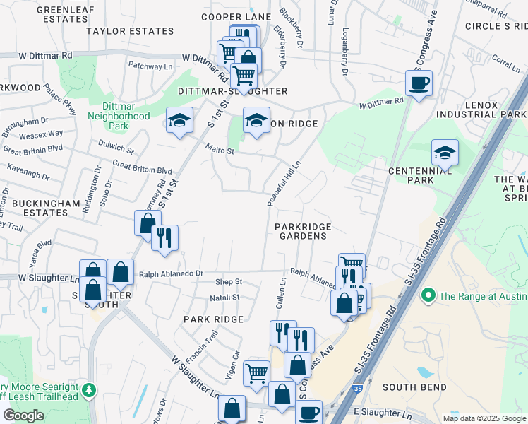 map of restaurants, bars, coffee shops, grocery stores, and more near 8400 Peaceful Hill Lane in Austin