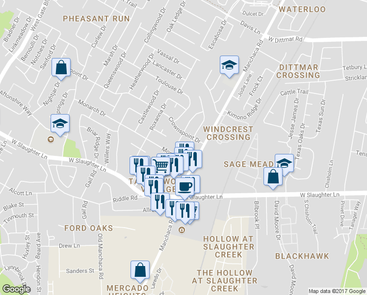 map of restaurants, bars, coffee shops, grocery stores, and more near 2102 Monarch Drive in Austin