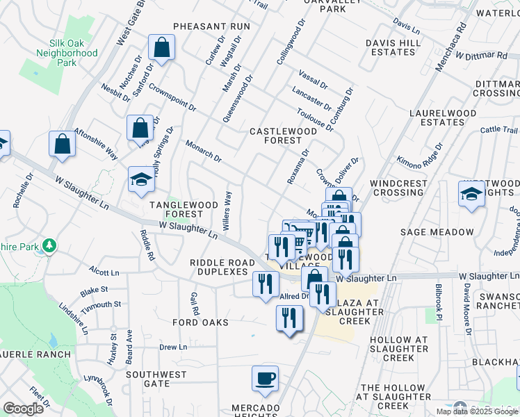 map of restaurants, bars, coffee shops, grocery stores, and more near 2308 Cedrick Cove in Austin