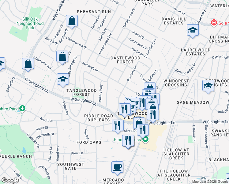 map of restaurants, bars, coffee shops, grocery stores, and more near 2308 Cedrick Cove in Austin