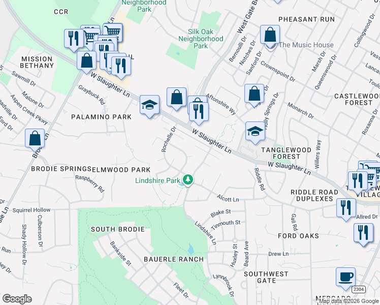 map of restaurants, bars, coffee shops, grocery stores, and more near 2901 Garvey Cove in Austin
