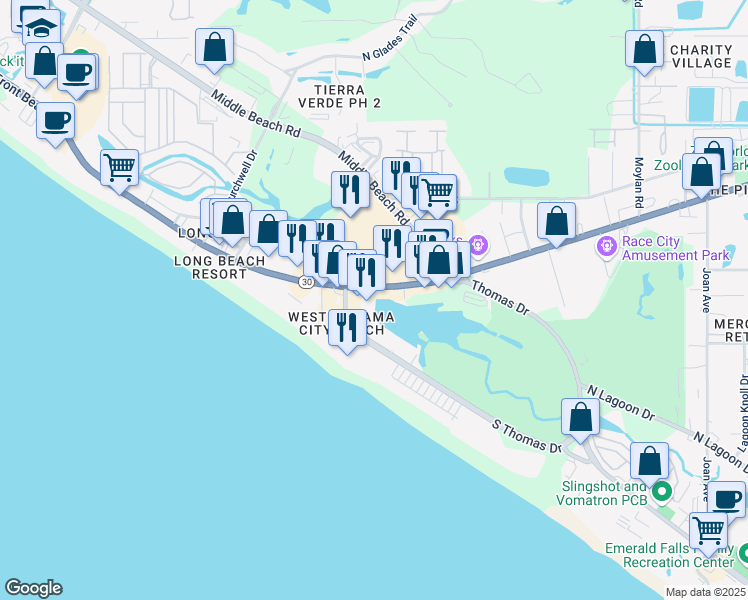 map of restaurants, bars, coffee shops, grocery stores, and more near 9860 South Thomas Drive in Panama City Beach