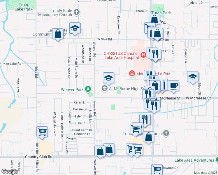 map of restaurants, bars, coffee shops, grocery stores, and more near 2200 West McNeese Street in Lake Charles