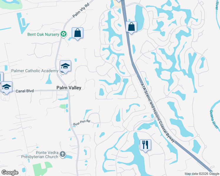 map of restaurants, bars, coffee shops, grocery stores, and more near 105 Sago Palm Way in Ponte Vedra Beach