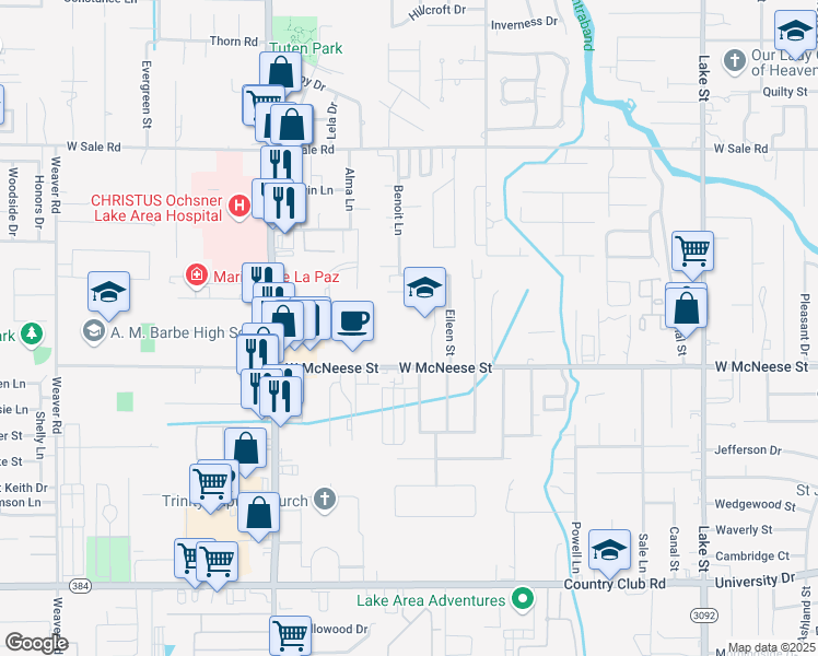map of restaurants, bars, coffee shops, grocery stores, and more near 1500 West McNeese Street in Lake Charles