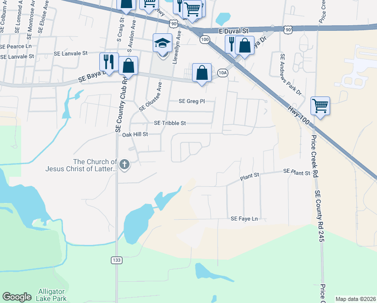 map of restaurants, bars, coffee shops, grocery stores, and more near 599 SE Rosewood Cir in Lake City