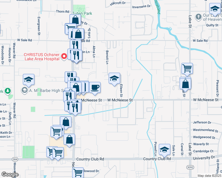 map of restaurants, bars, coffee shops, grocery stores, and more near 1500 West McNeese Street in Lake Charles