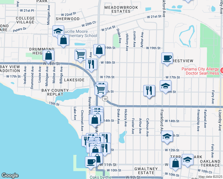 map of restaurants, bars, coffee shops, grocery stores, and more near 1517 Wilmont Avenue in Panama City