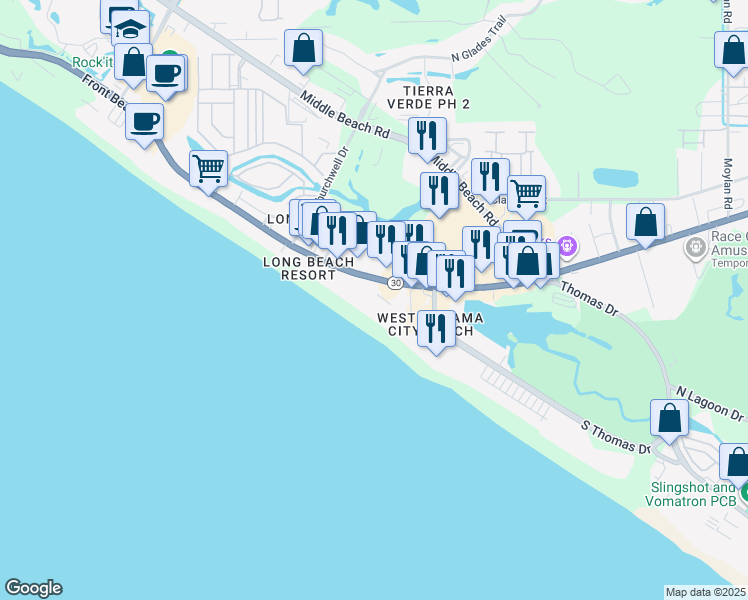 map of restaurants, bars, coffee shops, grocery stores, and more near 10513 Front Beach Road in Panama City Beach