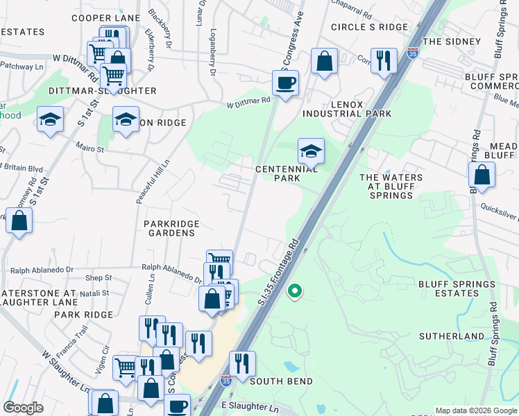 map of restaurants, bars, coffee shops, grocery stores, and more near 8103 South Congress Avenue in Austin