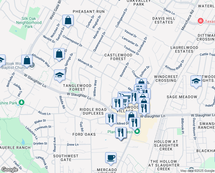 map of restaurants, bars, coffee shops, grocery stores, and more near 2308 Cedrick Cove in Austin