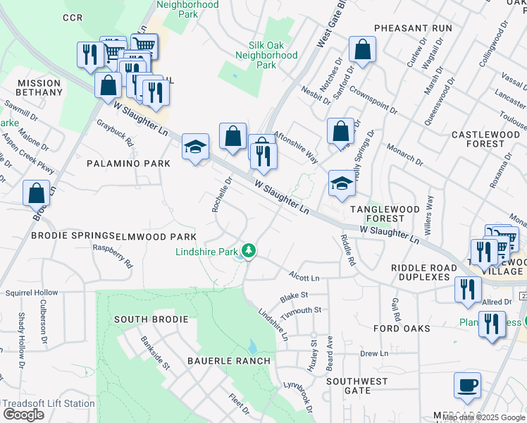 map of restaurants, bars, coffee shops, grocery stores, and more near 2901 Garvey Cove in Austin