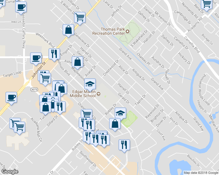 map of restaurants, bars, coffee shops, grocery stores, and more near 412 Gerald Drive in Lafayette