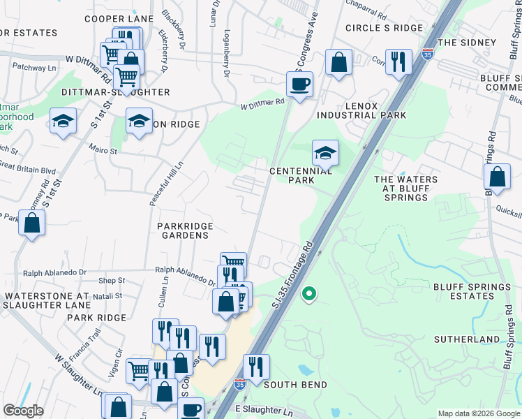 map of restaurants, bars, coffee shops, grocery stores, and more near 8103 South Congress Avenue in Austin