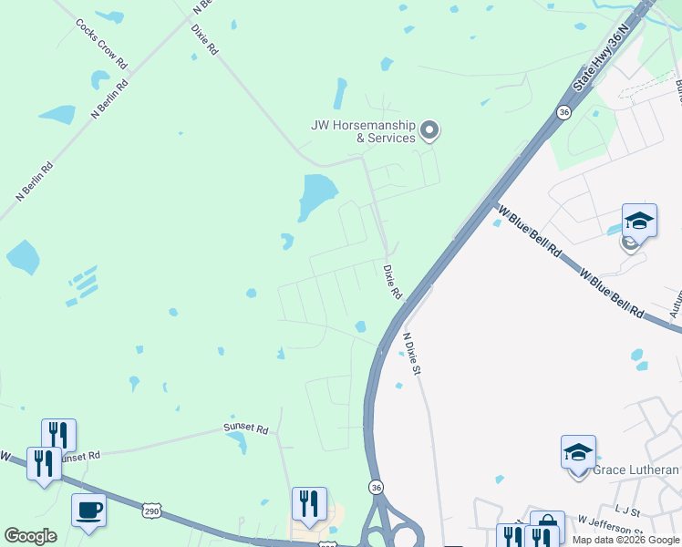 map of restaurants, bars, coffee shops, grocery stores, and more near 1008 Harvest Lane in Brenham
