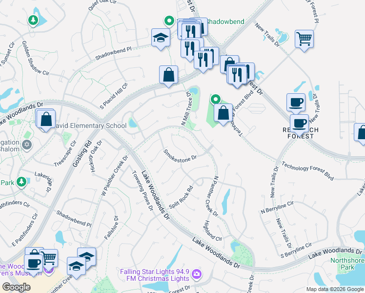map of restaurants, bars, coffee shops, grocery stores, and more near 19 Rustic View Court in Spring