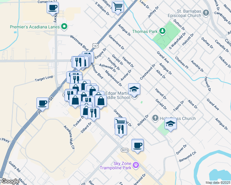 map of restaurants, bars, coffee shops, grocery stores, and more near 310 Broadmoor Boulevard in Lafayette
