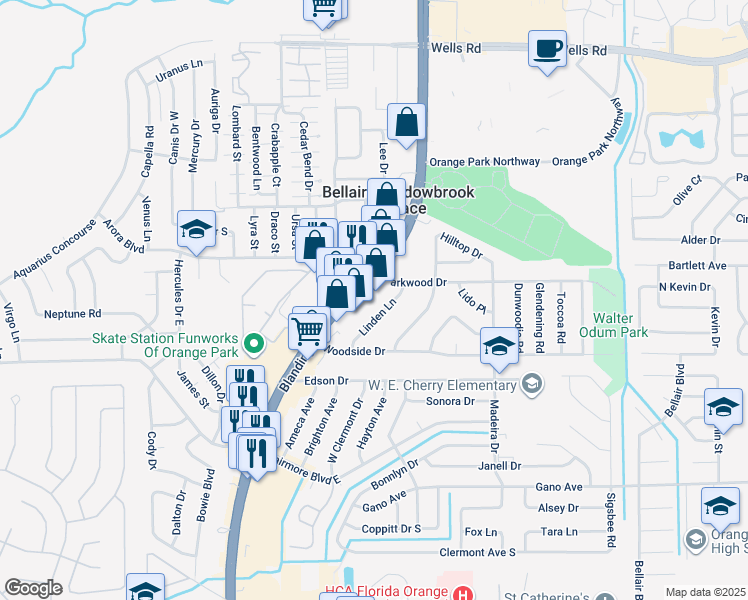 map of restaurants, bars, coffee shops, grocery stores, and more near 330 Linden Lane in Orange Park
