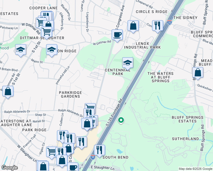 map of restaurants, bars, coffee shops, grocery stores, and more near 8103 South Congress Avenue in Austin