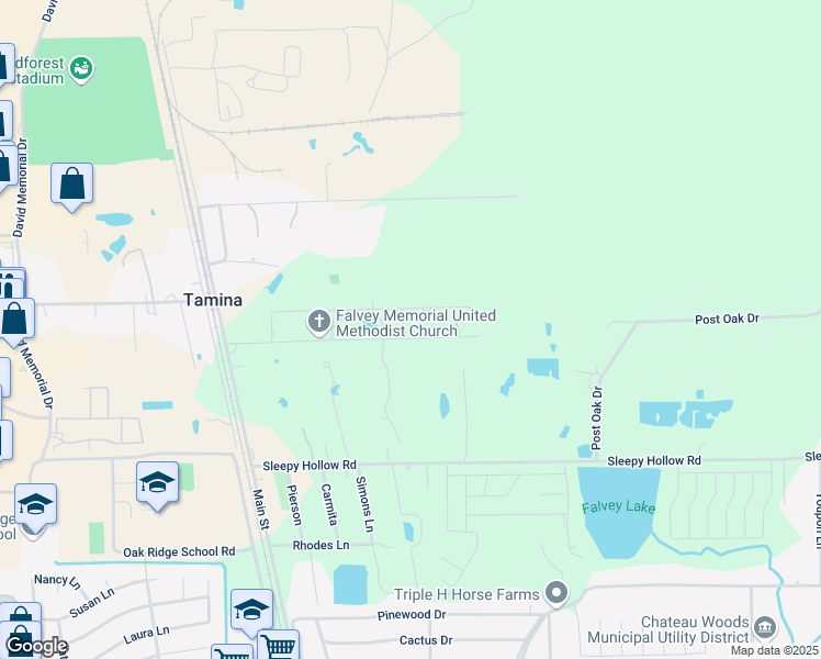 map of restaurants, bars, coffee shops, grocery stores, and more near 9809 Simmons Drive in Conroe