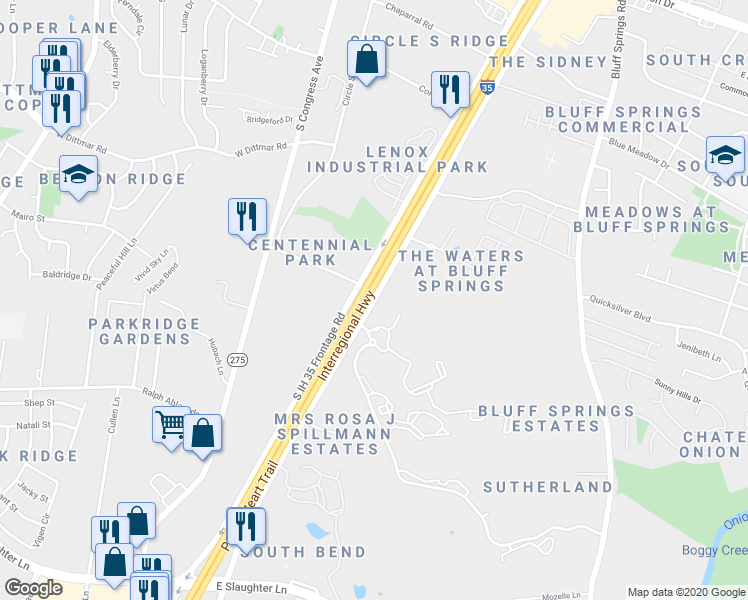 map of restaurants, bars, coffee shops, grocery stores, and more near 8109 South Interstate 35 Frontage Road in Austin